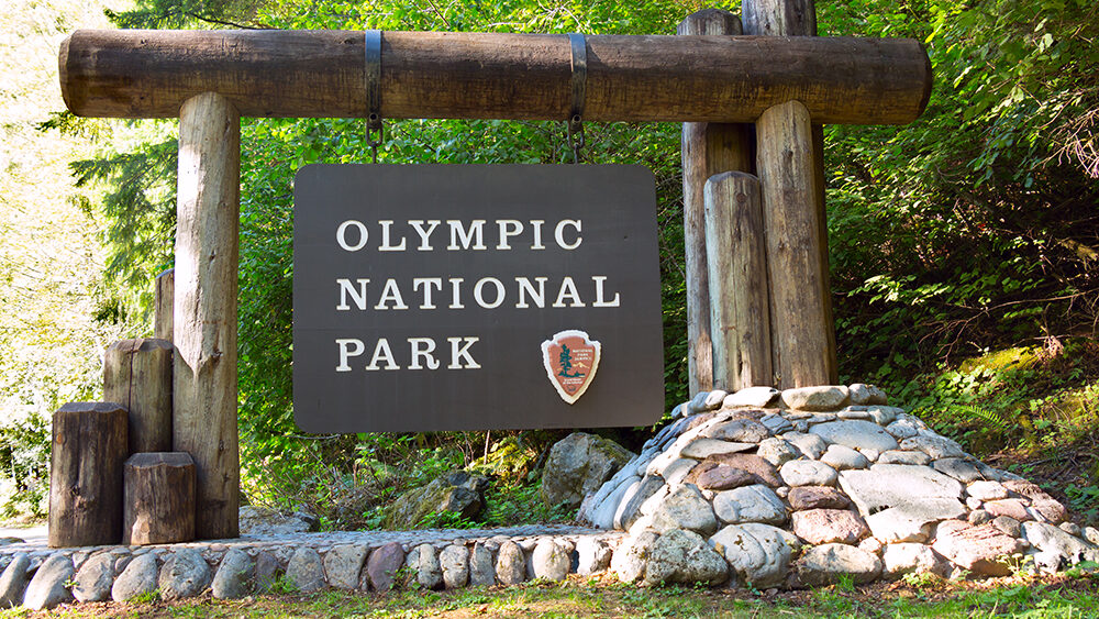 The Olympic National Park sign, near Lake Cushman, Hoodsport, Washington, USA.